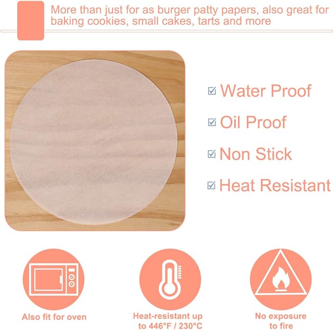 Burger Patty Paper Rounds for 4/4.5 Inch Burger Press, 200pcs 4.5inch Baking Parchment Rounds/Hamburger Patty Paper Sheet for Separating Burger Patty, Cookies and More (5.5/6/7/8/9/10/12in Available)