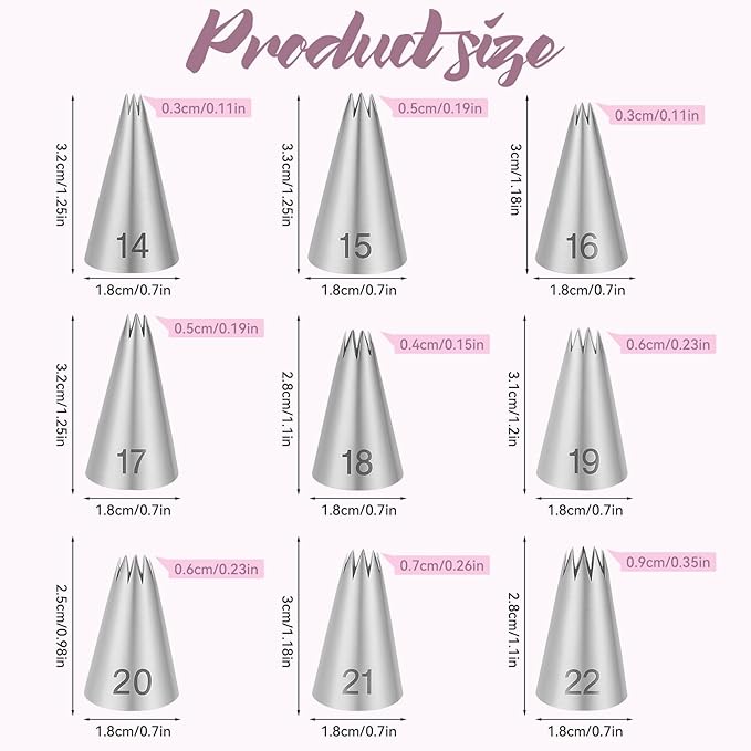 9 Pieces Open Star Piping Tips Set, French Star Tube Set, Stainless Steel Icing Tips, Star Pastry Tips, Frosting Nozzle Kit for Cake Decorating, Sizes 14-22