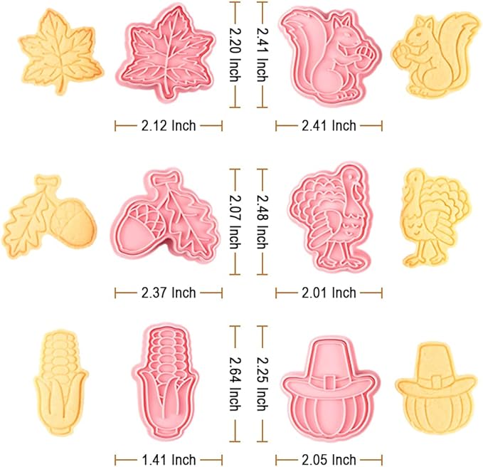 Novel Thanksgiving Cookie Cutters and Stamper, Maple Leaf, Squirrel, Hazelnuts, Turkey, Corn, Pumpkin 3D Cookie Cutters Set for Thanksgiving Baking (Pack of 12)