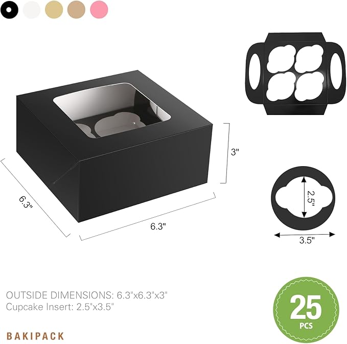 25 Black Cupcake Boxes, 4 Count Cupcake Containers with Window and Inserts, 6.3×6.3×3 Inches Cupcake Holders for Cupcakes, Muffins, Cookies, Desserts, Pastries