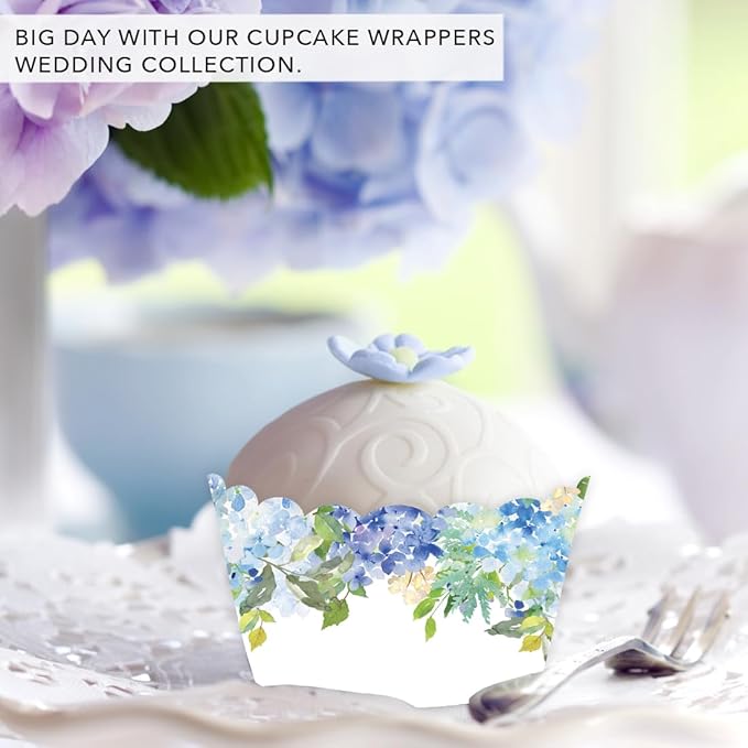 Andaz Press Party Cupcake Wrapper Decorations, Baby Blue Hydrangeas on White, 24-Pack, For Girls 1st Birthday Baby Bridal Shower Tea Party Themed Decorations