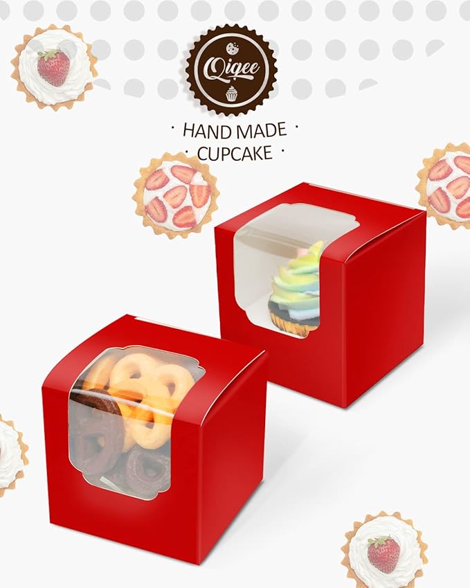 qiqee Red Cupcake Boxes Individual Cupcake Container 60pcs 3.5" x 3.5" x 3.5" Auto-Popup Single Cupcake Boxes (60 Boxes+60 Inserts)