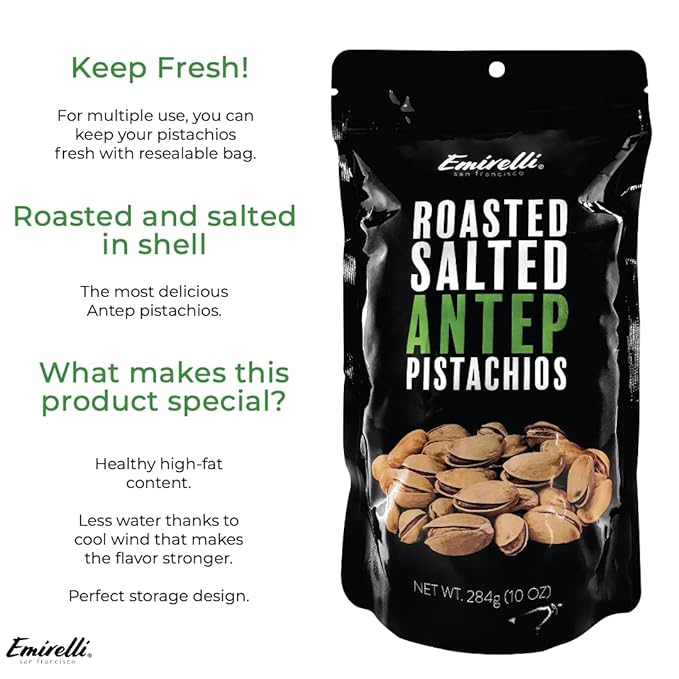 Emirelli Turkish Antep Pistachios in Shell, Roasted and Salted Intense Nuts, Non GMO Gluten Free Natural Vegan Healthy Snacks, Shelled Pistachios Remains Fresh with Resealable Bag (Pack of 1)