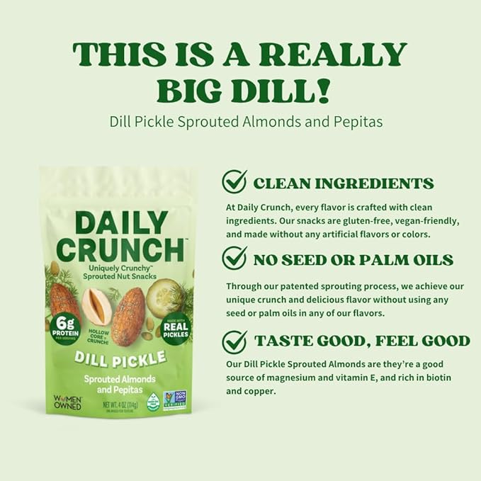 Daily Crunch, Zero Seed Oils, Gluten Free, 4oz (6 Pack, Dill Pickle Sprouted Almonds)