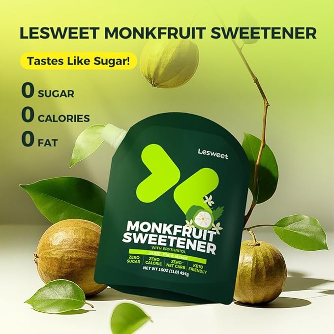 Lesweet Monk Fruit Sweetener with Erythritol, Monk Fruit Extract, 1:1 White Sugar Substitute, Zero Calorie, Keto Friendly, Non-GMO, Perfect for Coffee & Baking, 16 oz (Pack of 1)