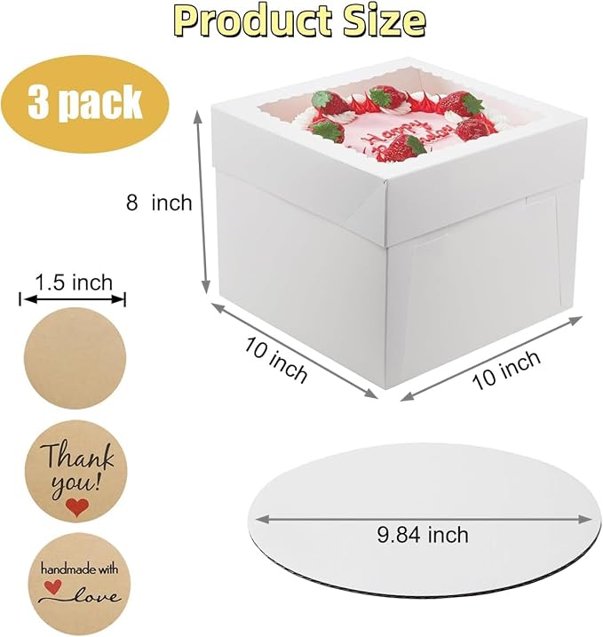 3 Pack Cake Boxes, 10x10x8 Inches Tall Cake Box with Boards, White Bakery Boxes with Window, Disposable Cake Containers for Cake, Donuts, Pies, Cookies, Wedding, Birthday, Party (White - 3 Pack)