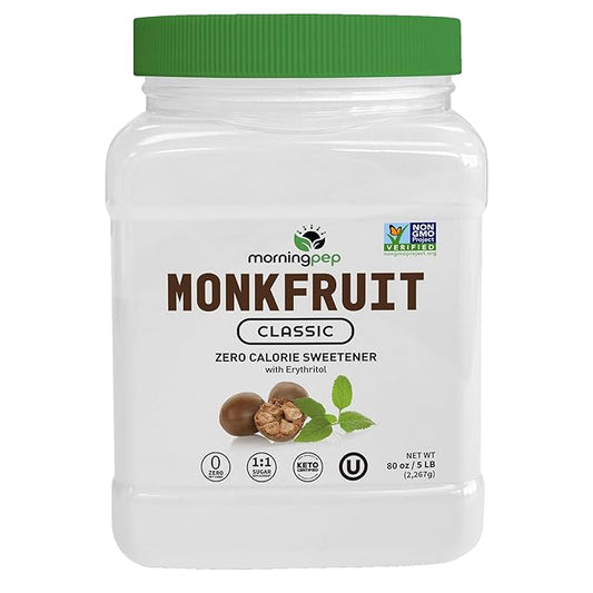Morning Pep Monk Fruit Sweetener, Classic | White Sugar Substitute, Keto Diet Friendly, 1:1 Sugar Replacement, For Baking, Coffee, Tea, Zero Calorie Non Gmo Project Verified, OU Kosher, White - 5 lb