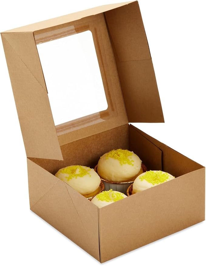 Juvale Cupcake Boxes - Clear Window Display - Easy Assembly for Muffin Packaging - Food Grade Cupcake Containers - Pack of 24, 6-Count, Brown Paperboard, 9.4 x 6.2 x 2.9 in