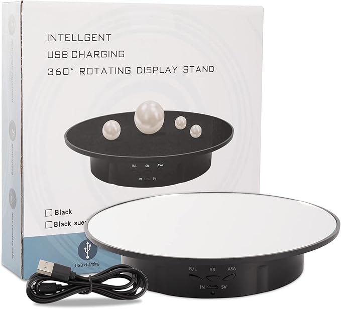 Motorized Display Stand - 7.87" Rotating Platform with Mirror Cover, USB Charging Port, 22 lbs Load Capacity, Ideal for Jewelry, 3D Model, Cake Photography