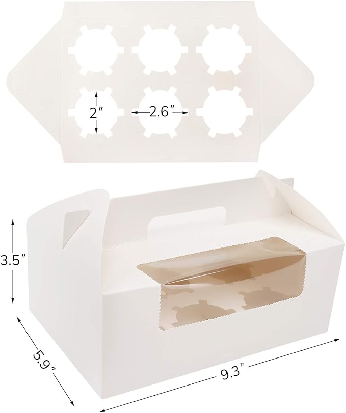 EUSOAR Cupcake Boxes with Holders, 50pcs 9.3" x 5.9" x 3.5" Cupcake Carrier with Handle Insert Display Window, Party Favor Bakery To Go Cupcake Muffin Carry Boxes Container Fits 6 Cupcakes or Muffins