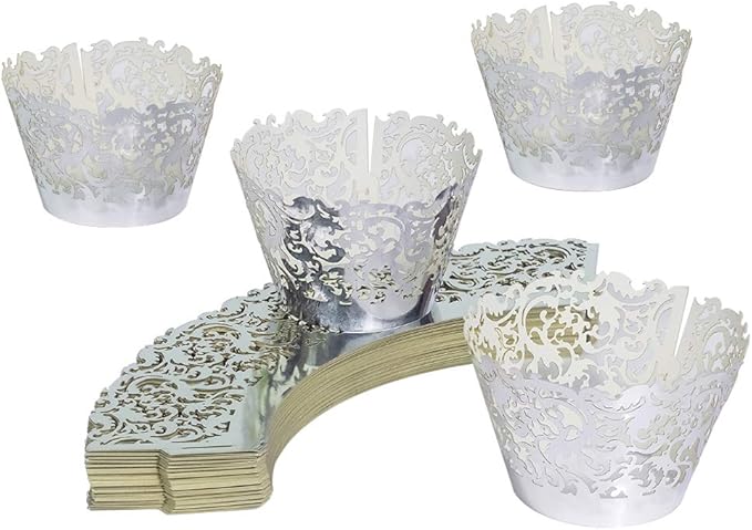YOZATIA 60 Silver Vine Lace Cupcake Wrapper, Laser Cut Cupcake Liners for Weddings Birthdays Tea Parties and any Special Event- Silver