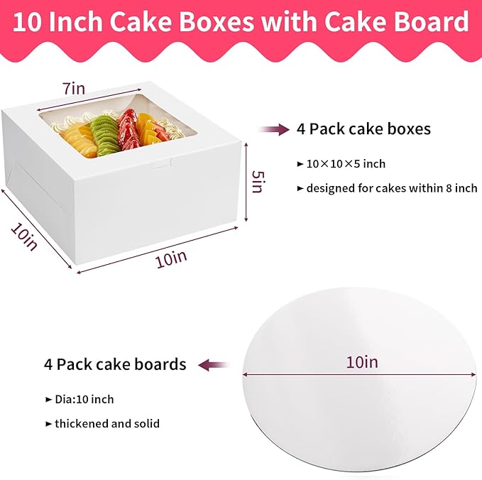 Winkio Cake Boxes with Window, 4 Pack 10 inch Disposable Bakery Boxes for Cakes, Cookies, Pies, Cupcakes, Pastries