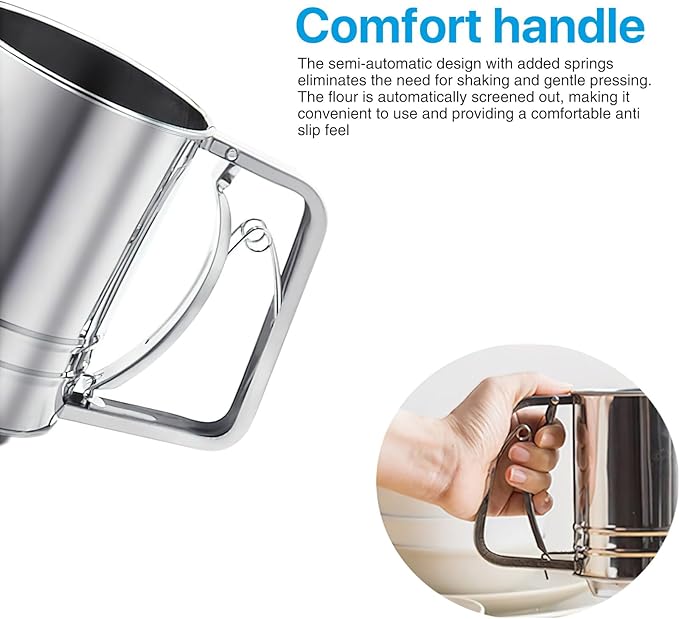 Flour Sifter for Baking, 304 Stainless Steel 3 Cup Flour Sieve Fine Mesh Screen Powder Sifters for Quick Sifting, Double-layer Squeeze Baking Sifters for Cooking Baking Kitchen Sugar Utensil DIY Tool