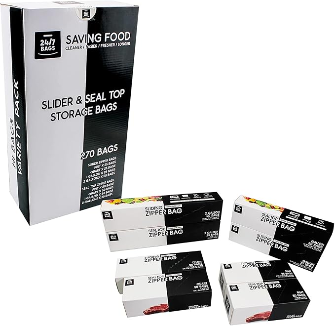 Multi-Variety Pack Slider & Seal Top Zipper Food Storage Bags, 270 Count, Featuring 2 Gallon Size, Zero BPA & Microwave-Safe (8 Boxes, 8 Sizes)