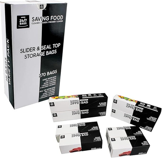 Multi-Variety Pack Slider & Seal Top Zipper Food Storage Bags, 270 Count, Featuring 2 Gallon Size, Zero BPA & Microwave-Safe (8 Boxes, 8 Sizes)