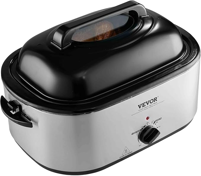 VEVOR Electric Roaster Oven with Defrost & Warm Function, 24 QT Turkey Roaster Oven with Self-Basting Lid, 1450W, Adjustable Temp, Removable Pan & Rack, Fits Turkeys Up to 28LBS, Silver