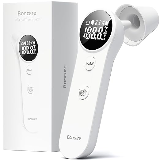 Boncare Ear and Forehead Thermometer, 2X Accuracy Infrared Digital Thermometer for Adults and Kids, 1 Second Reading, No Touch Baby with Fever Alarm