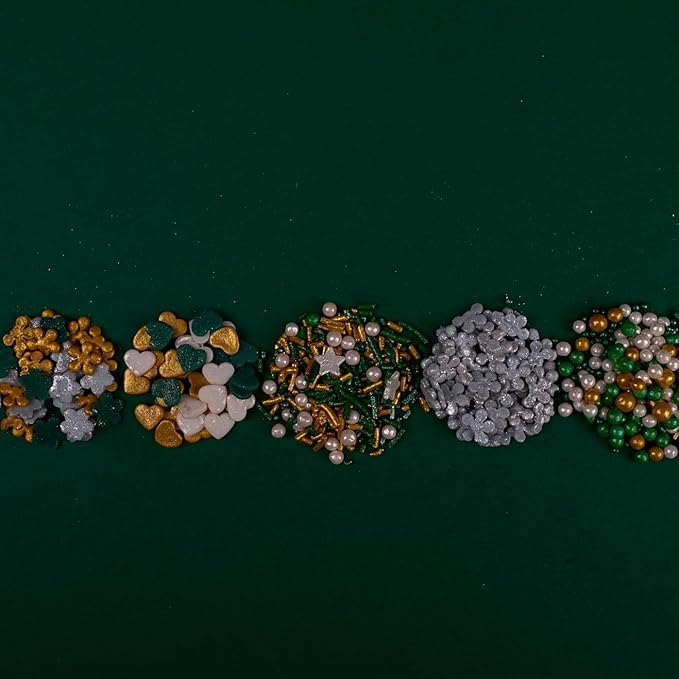 Confect Christmas Sprinkles | White, Grey, Gold & Holly Green Mix | Edible Pearl, Heart & Flower Shaped Sprinkles | Holiday Cake & Cupcake Decorations- 5 Oz