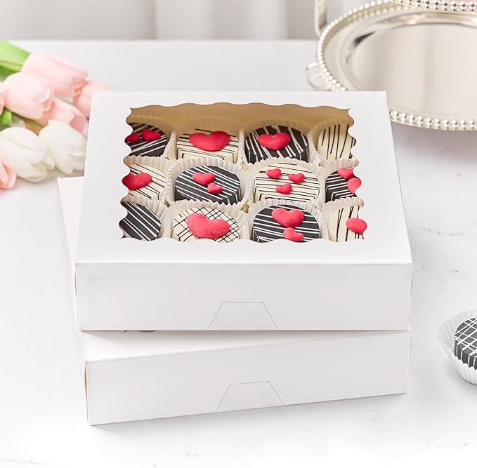 Kucoele 20 PCS Pie Boxes, 10 x 10 x 2.5 Inches Bakery Boxes with Window, Auto-Popup Cookie Boxes White Treat Boxes for Chocolate Strawberries, Pastries, Muffins, Donuts