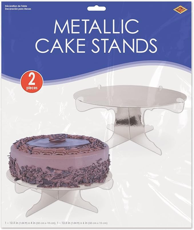 Beistle 2 Piece Durable Metallic Cake Stands For Weddings Anniversary Birthday Party Cupcake Holder Baby Shower Celebration Supplies, 4"-6" x 12.5", Silver