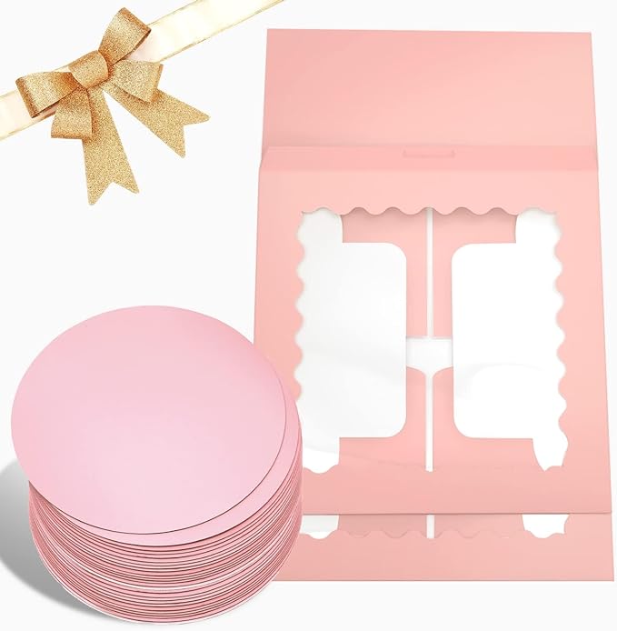 Bakepacker 36pcs 8x8x5 Inches with Window 18-Packs Pink 8 Inch Bakery Boxes (18 Cake Boxes +18 Cake Boards Included)