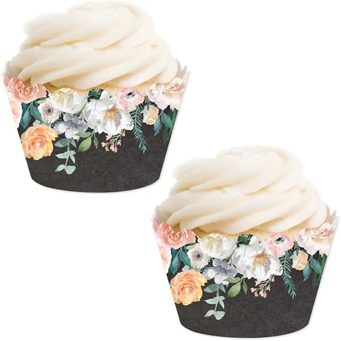 Andaz Press Party Cupcake Wrapper Decorations, Peach Coral Floral Flowers Roses on Chalkboard, 24-Pack, For Girls 1st Birthday Baby Bridal Shower Tea Party Themed Decorations