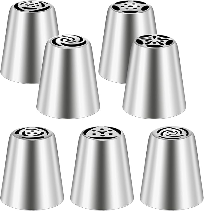 7 Pcs Piping Tips Round Hole Cake Frosting Nozzles Set Stainless Steel Cupcake Decorating Tool Russian Pastry Icing Dispensers for Baking Cookies Puff Cream Bag Filler (Russian medium)