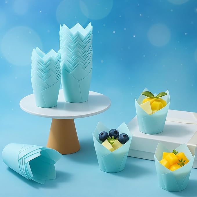 600 Pcs Tulip Cupcake Liners for Baking Muffin Liners Printed Baking Cups Holders Greaseproof Wrappers Decoration for Cupcake Bouquet Birthday Party Wedding Bride Shower (Light Blue)
