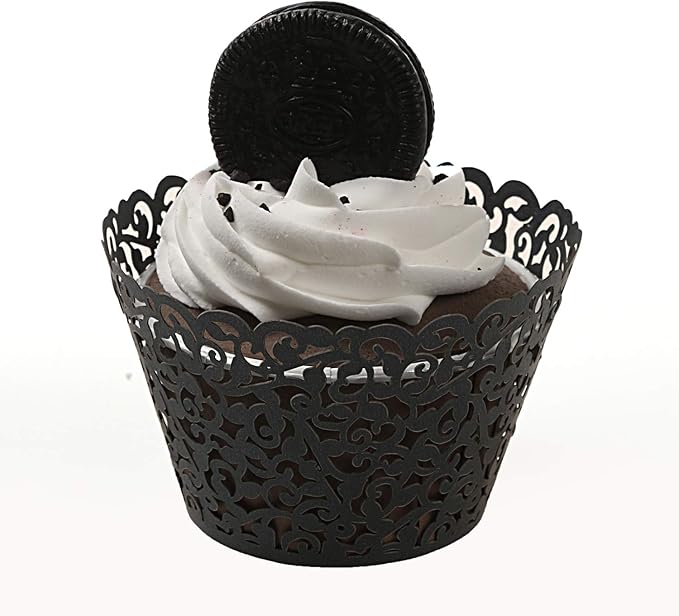 KPOSIYA Pack of 120 Cupcake Wrappers Artistic Bake Cake Paper Cups Vine Designed Laser Cut Cupcake Wraps Baking Cup Muffin Case Trays for Wedding Baby Shower Party Birthday Decoration (120, Black)