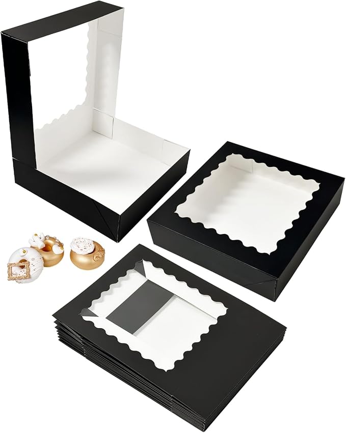 Bakepacker 55pcs Black Pie Boxes 8x8x2.5 inches Easy Assemble Macaroon Cookie Boxes Bakery Boxes with Window for Bakery (Auto-pop Up)