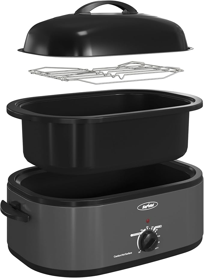Sunvivi 18-Quart Roaster Oven with Self-Basting Lid, Electric Turkey Roaster Oven with Removable Pan and Rack, Stainless Steel, Grey