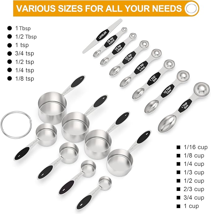 Measuring Cups and Magnetic Measuring Spoons Set, Wildone Stainless Steel 8 Measuring Cups, 7 Double Sided Stackable Magnetic Measuring Spoons, 1 Leveler & 5 Mini Spoons - 21 Piece Black