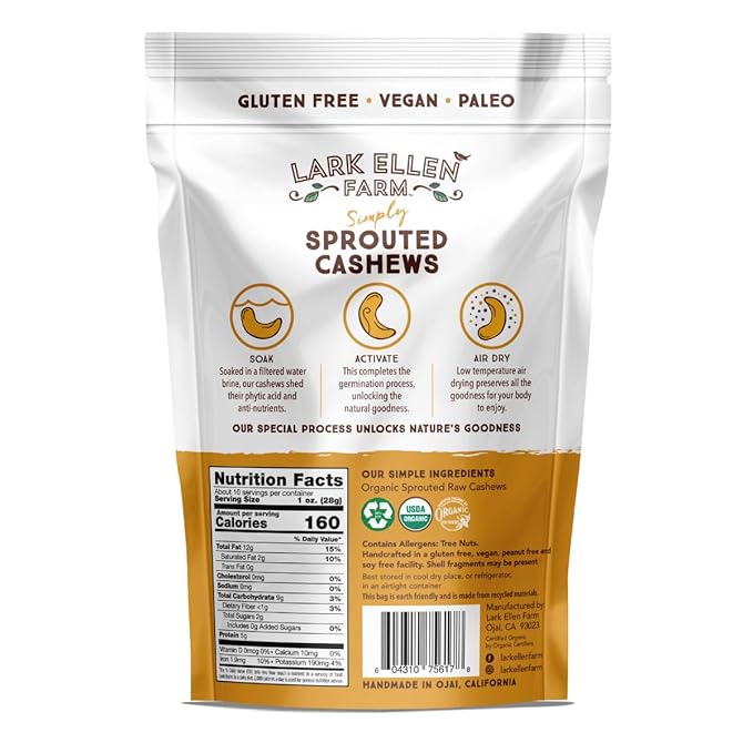 Lark Ellen Farm Sprouted Organic Certifed Cashews Unsalted - 10 oz Bag, Non GMO, Keto Snacks, Paleo, Gluten Free, Vegan, Organic, Plant Based, High Protein, Low Glycemic Index, Peanut Free Facility…