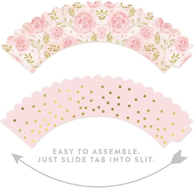 Andaz Press Party Cupcake Wrapper Decorations, Pink Roses and Pink with Metallic Gold Ink Polka Dots, 24-Pack, Girl Baby Shower 1st Birthday
