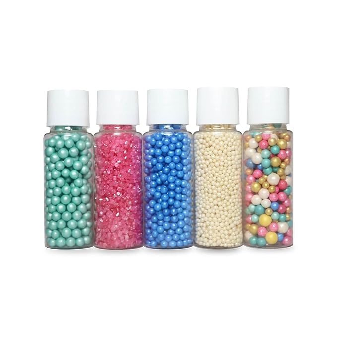 Confect Assorted Sprinkles Mix Pack of 5 – Teal, Blue, White, Gold & Pink Cake Decorations | Edible Cupcake Toppings with Dragees & Sparkling Sugar for Birthday, Farewell & Party Desserts | Vegan, Gluten Free, Nut-Free- 5 oz