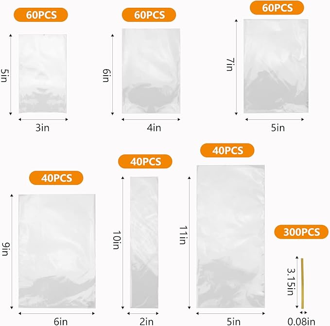 300 PCS Clear Flat Cellophane Treat Bags with 3x5",4x6",5x7",6x9",2x10",5x11",Treat Bags with Ties are Good for Pretzel Rods,Bakery, Cookies, Candies,Dessert.