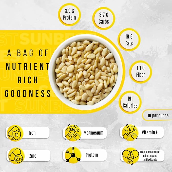 Sunbest Natural Pine Nuts Pignolia 8 oz – Unsalted, Raw, Crunchy, Fresh & Delicious, Kosher Certified - Ideal for Snacking, Topping & Baking - Non-GMO, Gluten Free