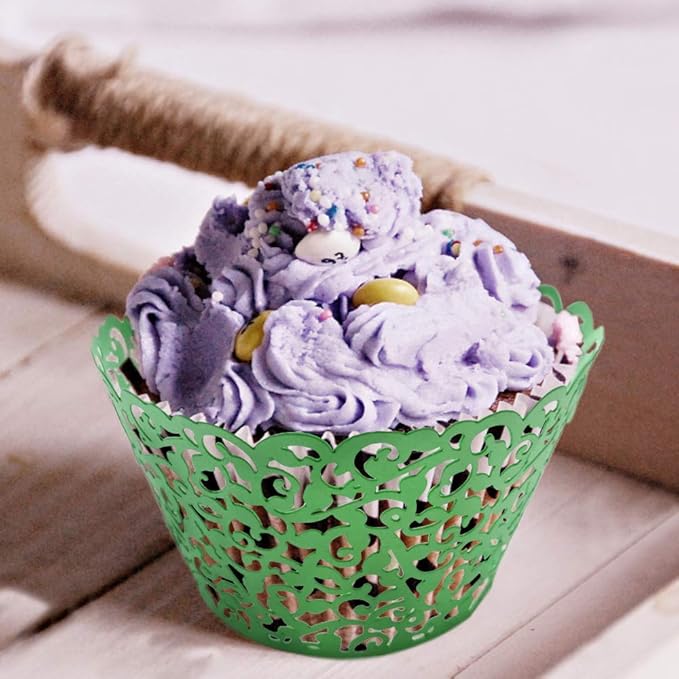 GOLF 100Pcs Cupcake Wrappers Artistic Bake Cake Paper Filigree Little Vine Lace Laser Cut Liner Baking Cup Wraps Muffin CaseTrays for Wedding Party Birthday Decoration (Green)