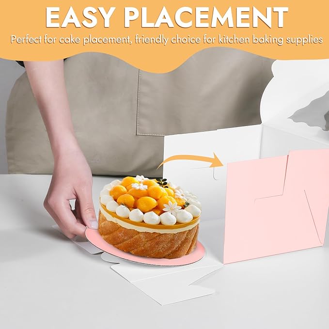 JCD 48PCS 6x6x5 Inches Cake Boxes,(24 Boxes &24 Boards) Pink Bakery Boxes with Window for Pastries,Cake Containers with Ribbon for Christmas Wedding Birthday Party (Pink/6 * 6 * 5inch/24pcs)