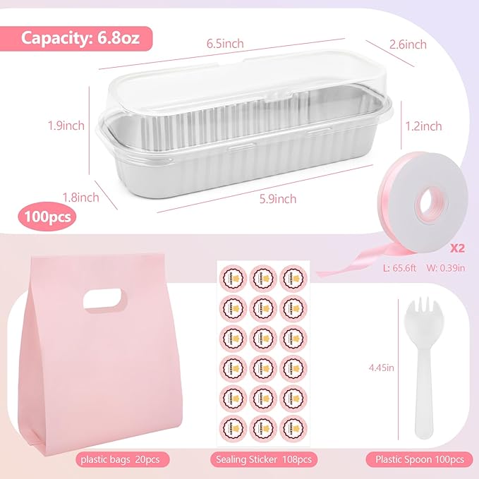 OcePor 100 Pack Mini Loaf Pans With Lids，Mini Cake Pans With Lids and Spoons，6.8oz Bread Loaf Pans Disposable，Small Aluminum Cake Tins,Baking Pans Individual (White)