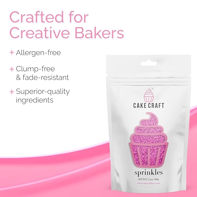 Cake Craft Pink Sugar Strand Sprinkles (Jimmies) – 3-Pack (100g Each) | Pretty Pink Sprinkles for Cakes, Cupcakes, Cookies & More | Soft Color & Sweet Crunch