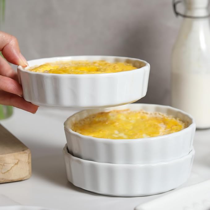 6oz Creme Brulee Ramekins Set of 4 - Ceramic Baking Dishes, Non-Stick Porcelain Pie Dish, Wave Round Baking Dish for Dessert, Pie, Tart, Souffles, Appetizers, Oven and Dishwasher Safe