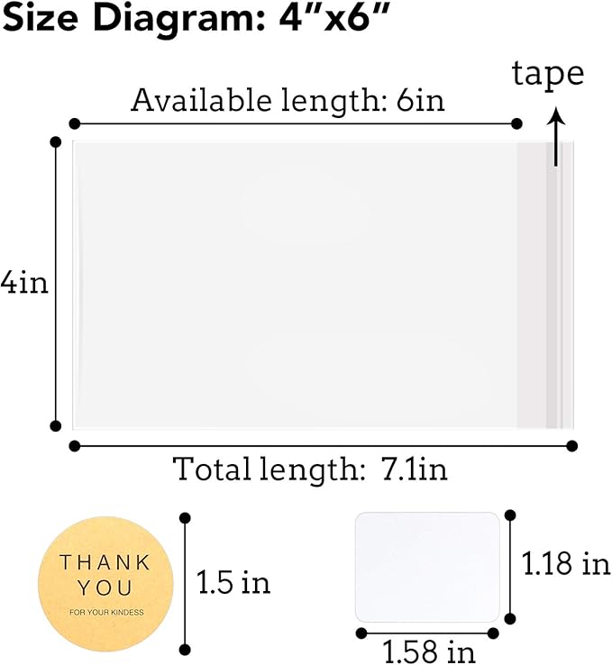 300 PCS 4×6 Inches Clear Resealable Cellophane Bags with 40 PCS Blank Self-adhesive Label Paper and 40 PCS Thank You Stickers for Bakery, Candle, Soap, Cookie Poly Bags