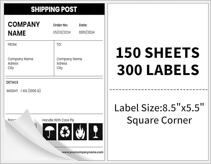 150 Sheets 300 Labels Half Sheet Self Adhesive Shipping Labels for Laser & Inkjet Printers, 8.5" x 5.5" Shipping Mailing Label, White