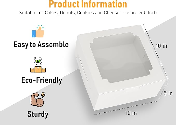 10x10x5 Bulk 25 Pcs Cake Boxes 10 Inch with Window Clear Bakery Dessert Box Square White Large Disposable Pie Boxes Package for Bake Goods Paper Pastry Packaging Donut Delivery Box (80 Pcs Stickers)