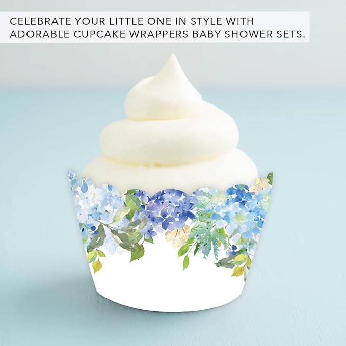 Andaz Press Party Cupcake Wrapper Decorations, Baby Blue Hydrangeas on White, 24-Pack, For Girls 1st Birthday Baby Bridal Shower Tea Party Themed Decorations