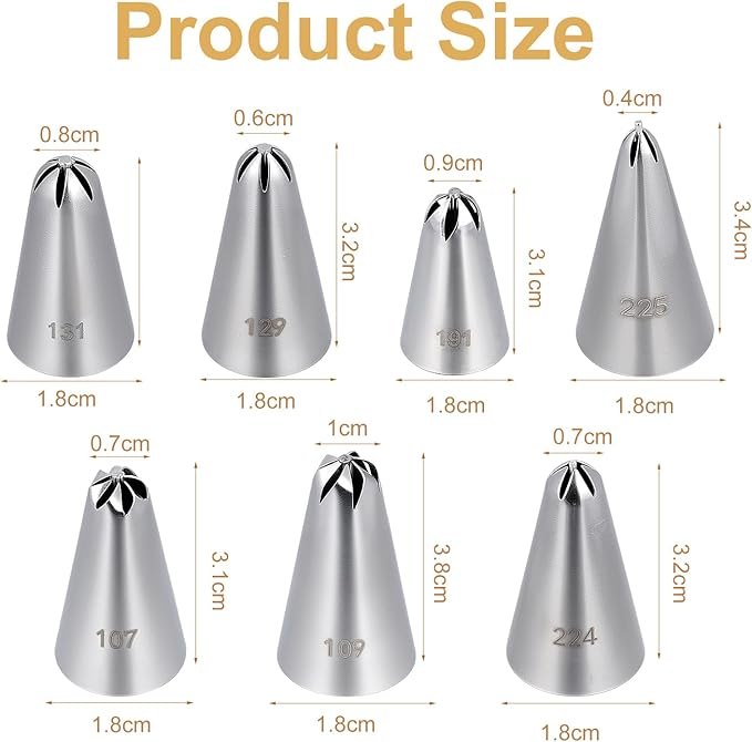 7 Pcs Drop Flower Piping Tips Set, 107, 109, 129, 131, 191, 224, 225 Stainless Steel Icing Tip for Swirl, Rosette, Cake Cookie Decorating Floral Patterns