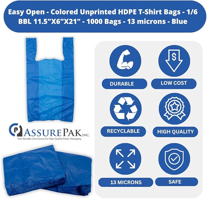 Easy Open - 1000 Bags- Colored Unprinted HDPE T-Shirt Bags - 1/6 BBL 11.5"X6"X21" - 13 microns - Blue - LOOP-BLUE-EO - AssurePak
