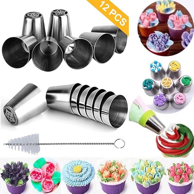 28 Pcs Russian Piping Tips Set, Frosting Nozzle Kit, Baking Supplies for Cookie Cupcake (12 Icing Tips 10 Pastry Baking Bags 2 Leaf Piping Tips 2 Couplers 1 Silicone Bag 1 cleaning brush)