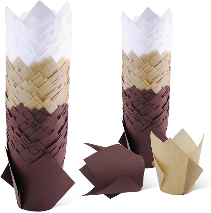 150pcs Tulip Cupcake Liners - Muffin Paper Baking Cups, Greaseproof Wrapper Holders for Birthday, Wedding, Party, Baby Showers, Catering, Restaurants(Brown,White,Light Brown)